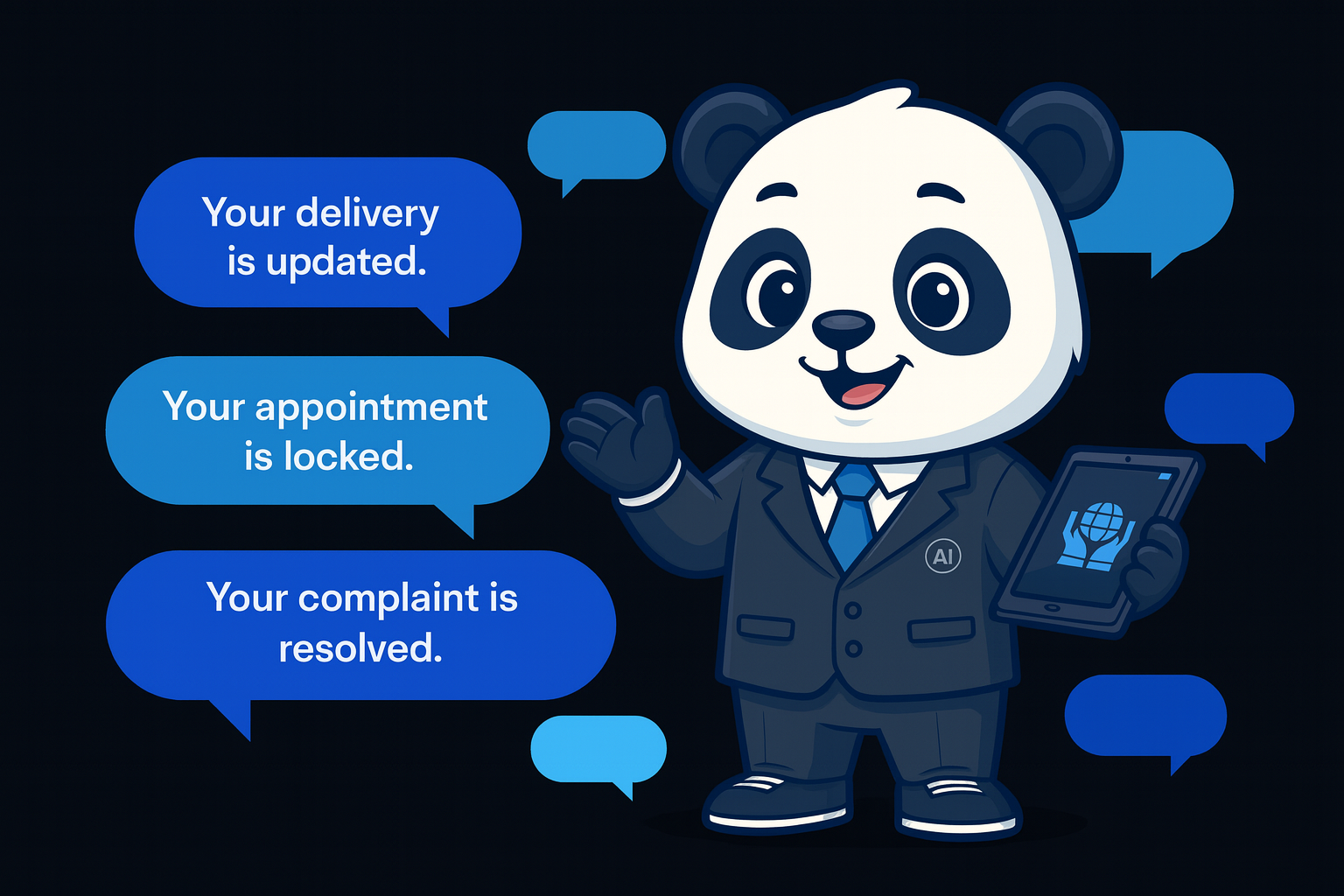 AI Voice Agent with speech bubbles showing example messages: Your delivery is updated, Your appointment is locked, Your complaint is resolved